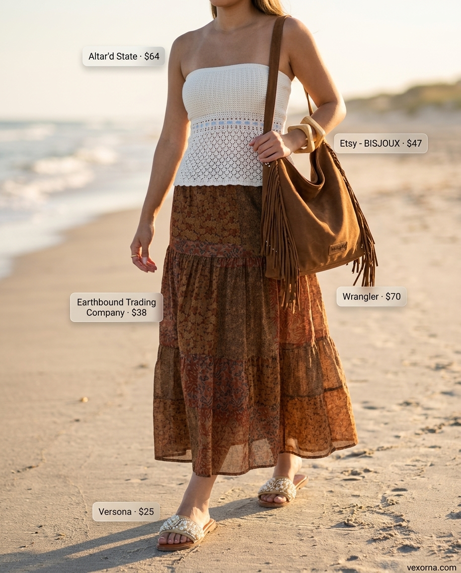 Boho beach babe outfit with white crochet bandeau top, floral maxi skirt, and suede bag for summer 2026.
