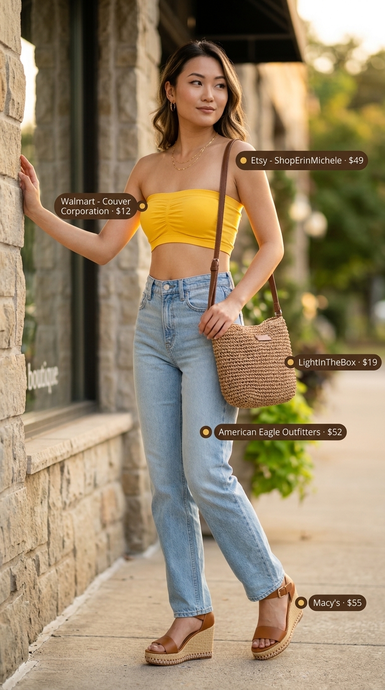 Denim Darling outfit with mustard yellow bandeau top, blue jeans, and espadrille wedges for summer 2026.