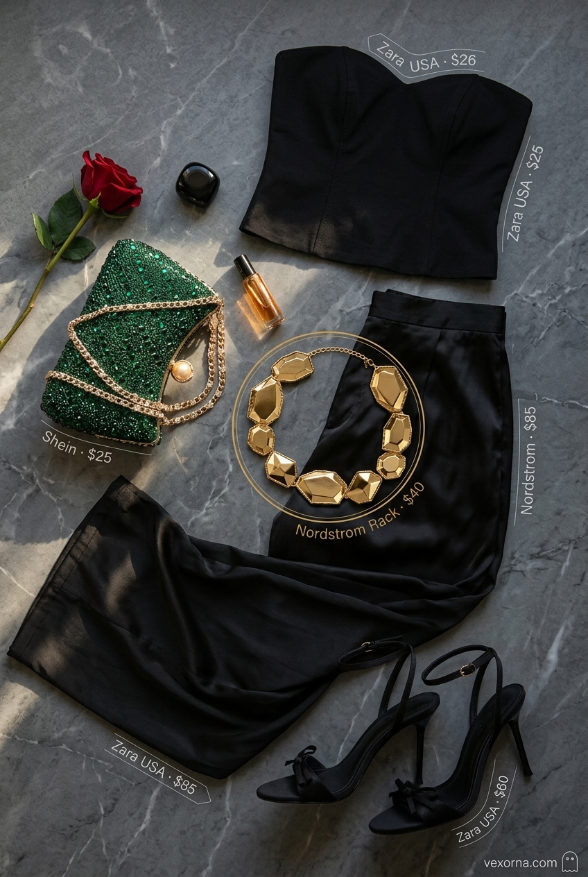 Evening glam outfit with black bandeau top, emerald green clutch, and gold necklace for summer 2026.