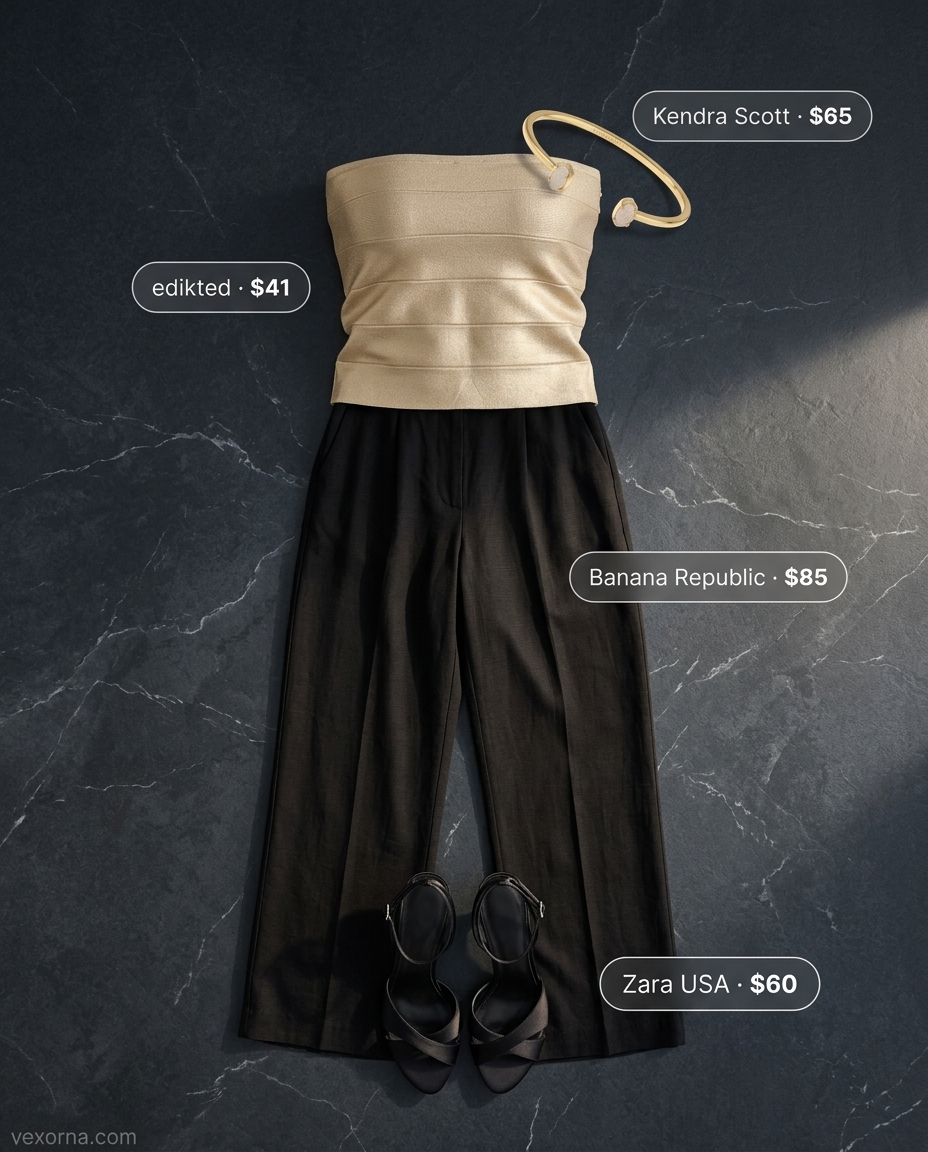 Evening glow outfit with champagne metallic bandeau top, black trousers, and gold cuff for summer 2026.