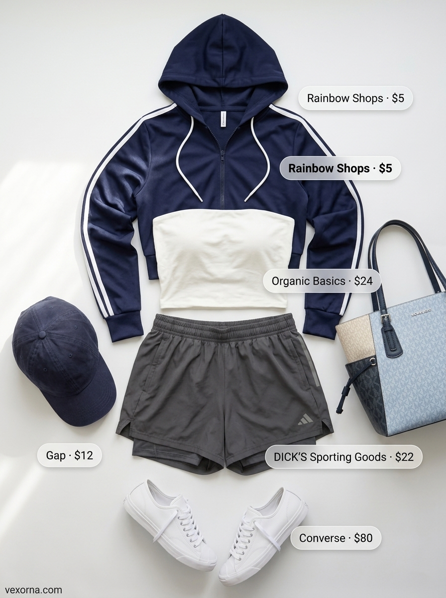 Sporty summer outfit with white bandeau top, grey shorts, navy hoodie, and baseball cap for 2026.