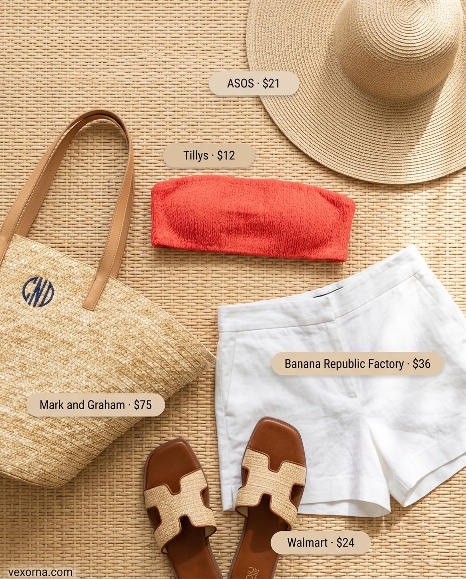 Sunset beach breeze outfit with coral bandeau top, linen shorts, and straw hat for summer 2026.