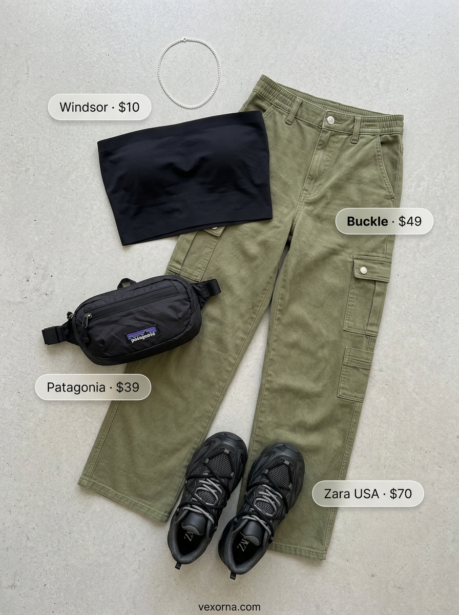 Urban explorer outfit with black bandeau top, olive cargo pants, and utility belt bag for summer 2026.