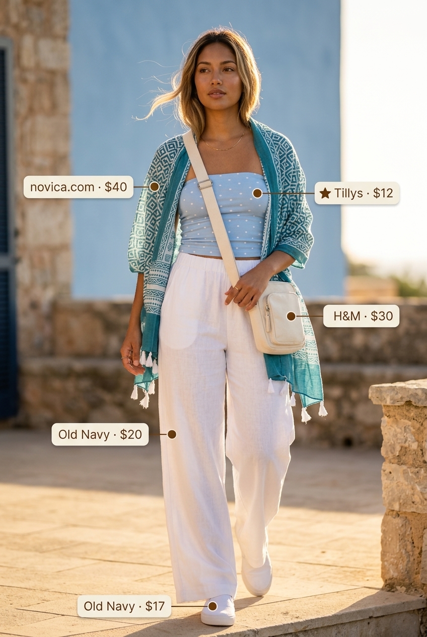 Vacation ready outfit with teal bandeau top, white palazzo pants, and canvas crossbody bag for summer 2026.