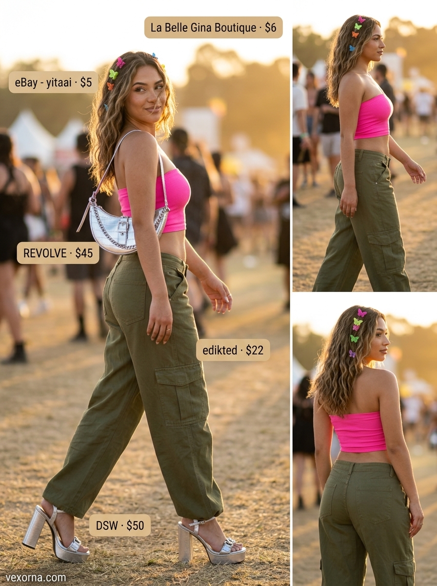 Y2K Pop Star outfit with hot pink bandeau top, olive green cargo pants, and silver accessories for summer 2026.