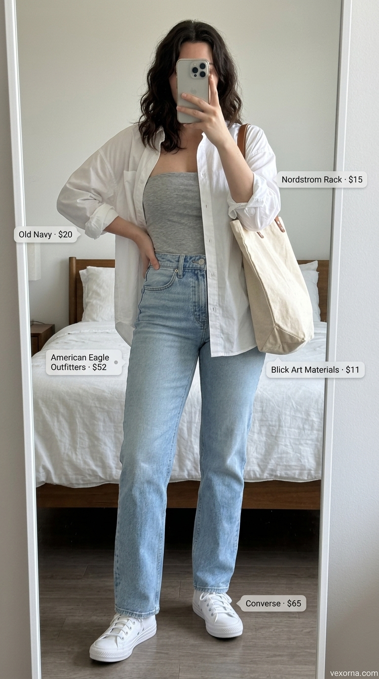 Casual cool outfit with grey bandeau top, straight-leg jeans, and oversized shirt 2026.