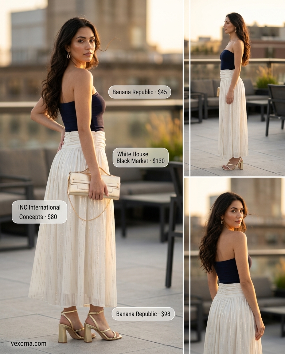 Elegant cruise outfit with navy bandeau top, flowing maxi skirt, and metallic sandals 2026.