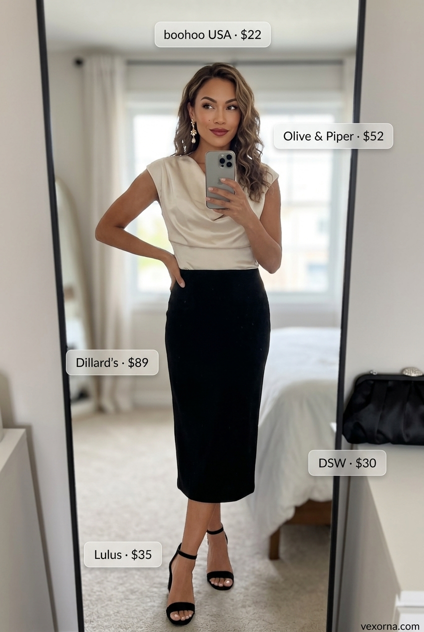 Elegant date night outfit with champagne satin bandeau top and black pencil skirt 2026.