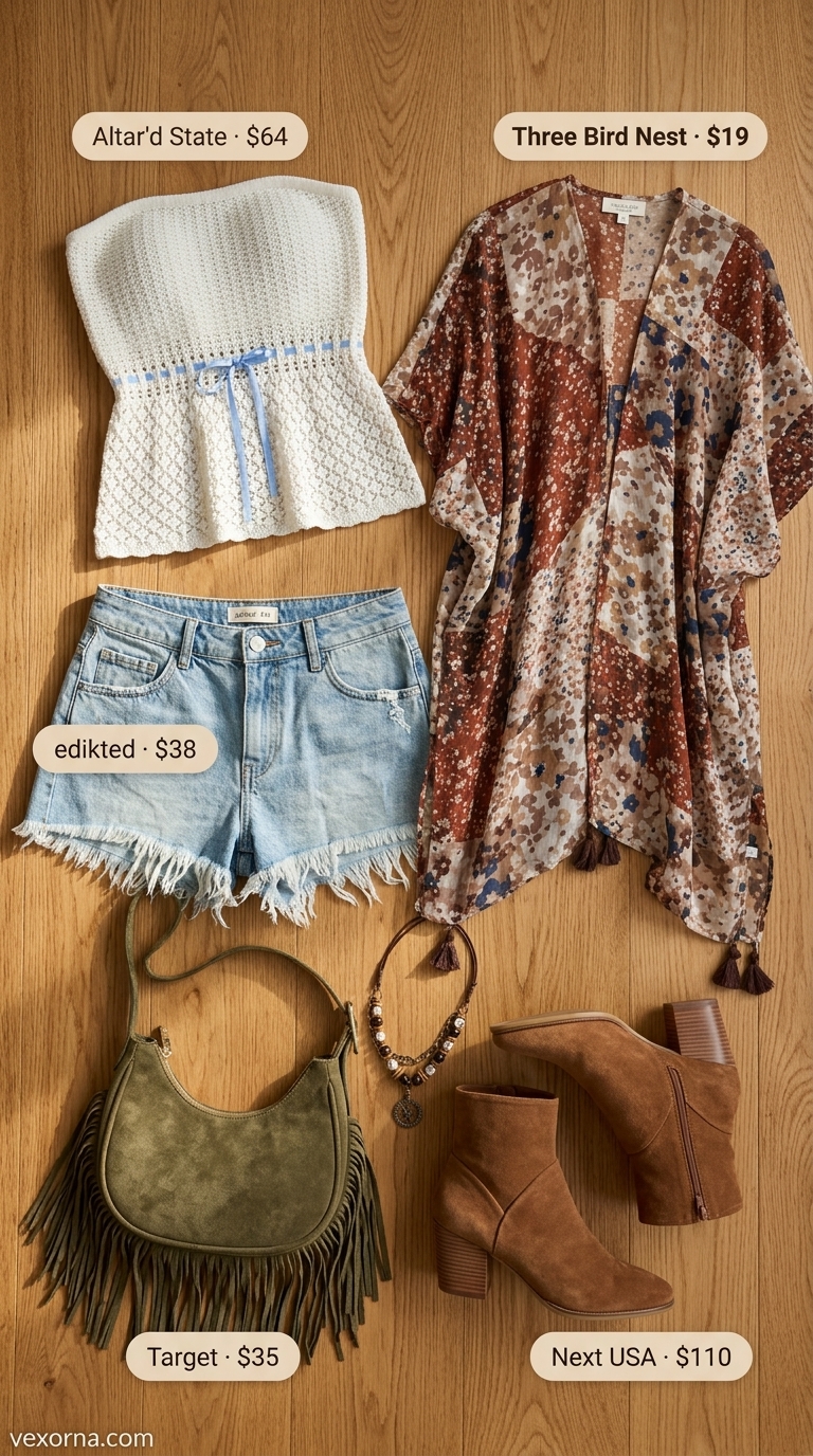 Boho festival outfit with ivory crochet bandeau top, distressed denim shorts, and floral kimono 2026.