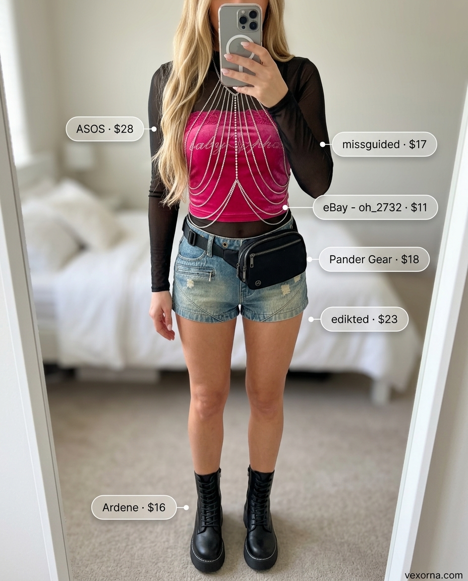 Vibrant festival outfit with hot pink bandeau top, distressed shorts, and body harness 2026.