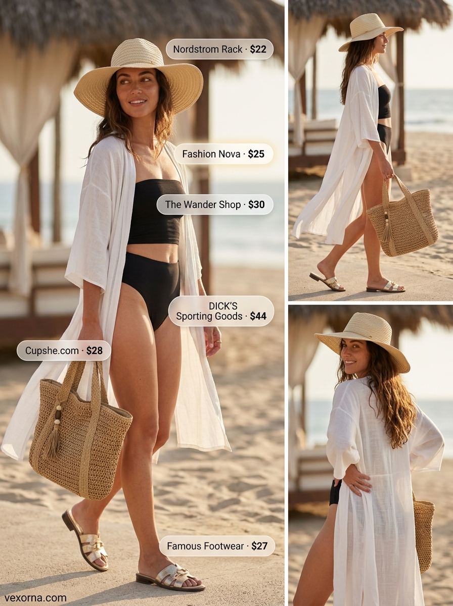 Poolside glamour with black bandeau top, high-waisted bottoms, and sheer kimono 2026.