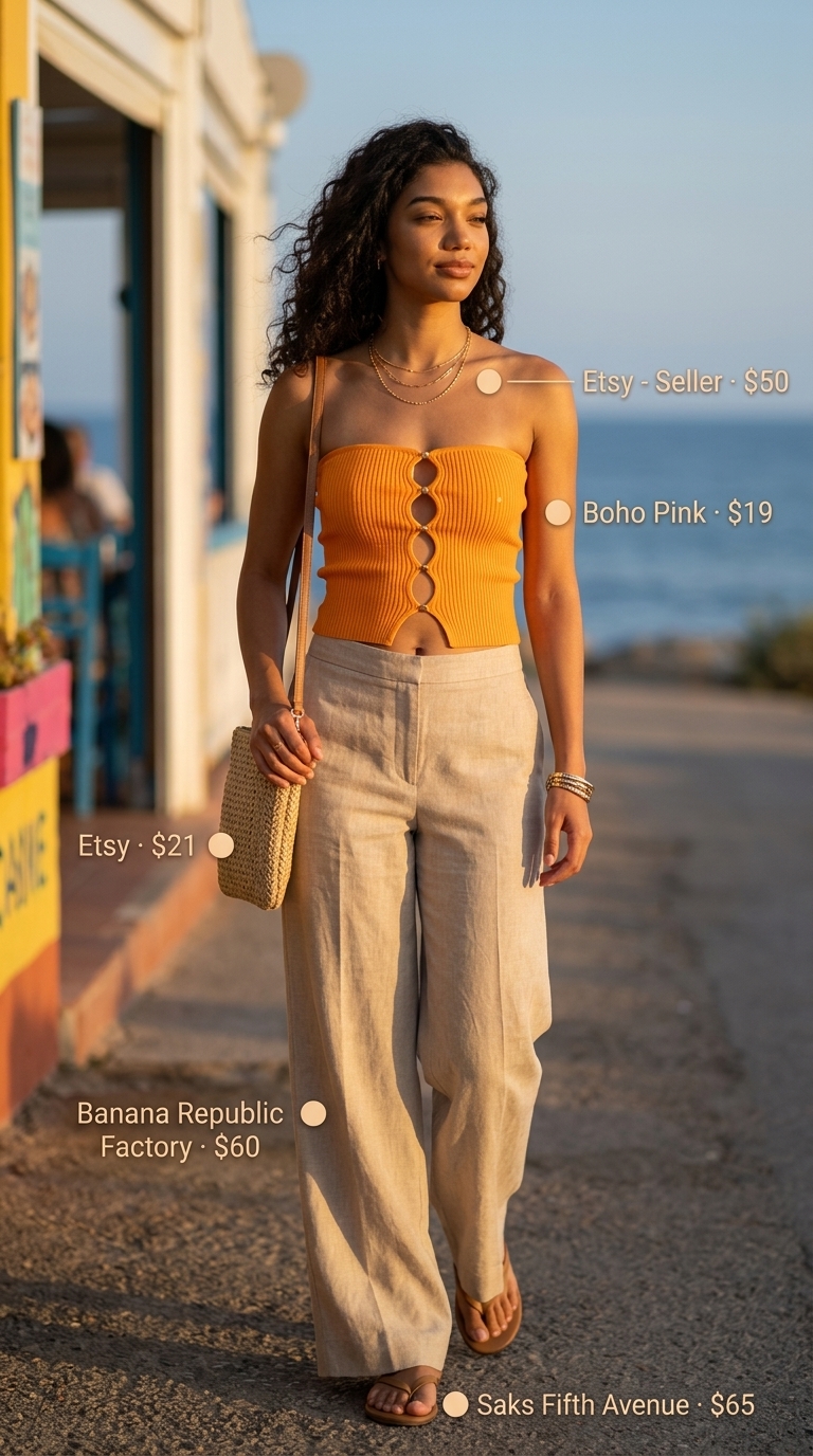 Sunset cruise outfit with orange bandeau top, linen pants, and layered necklaces 2026.