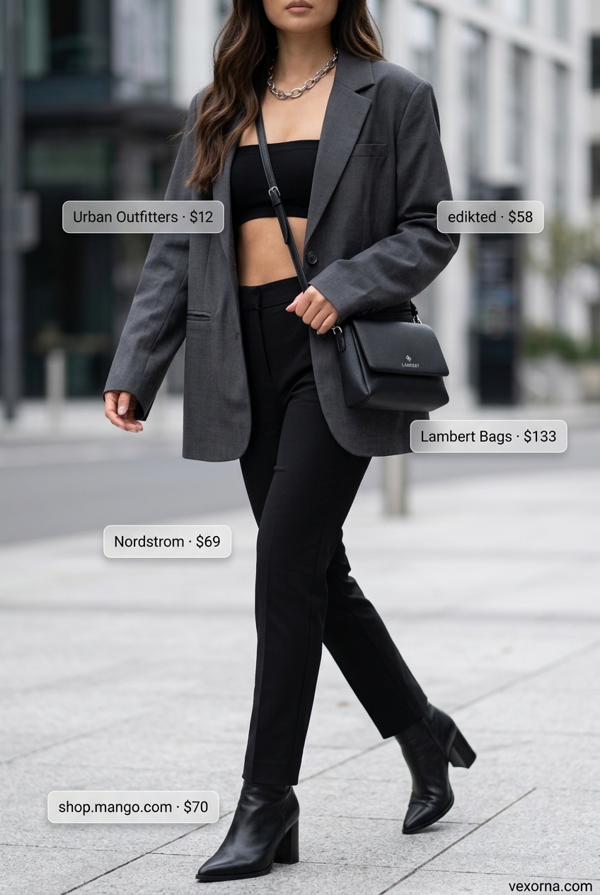 Edgy urban outfit with black bandeau top, tailored trousers, and oversized blazer 2026.