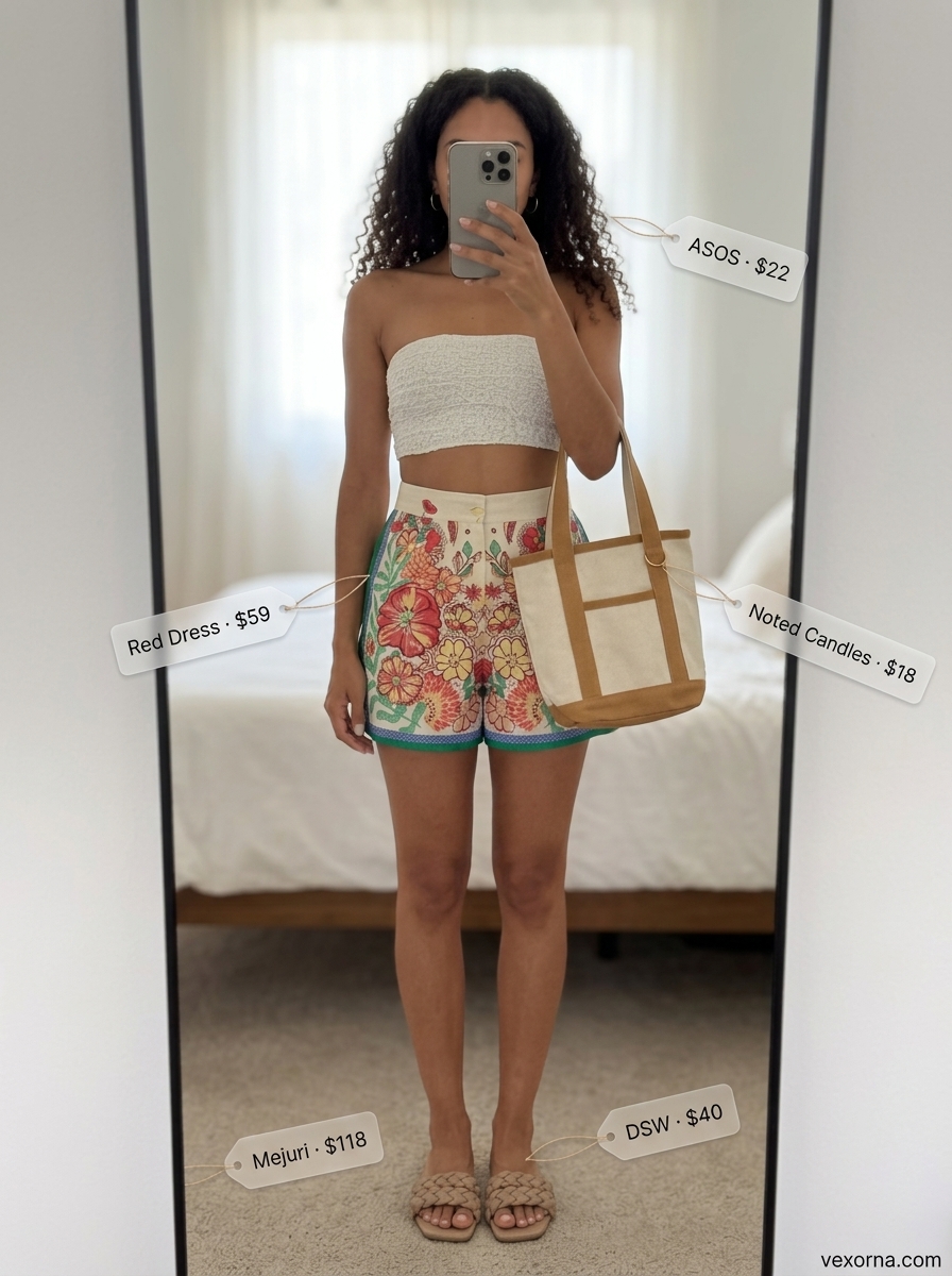 Vacation outfit with white textured bandeau top, coral floral shorts, and slide sandals 2026.