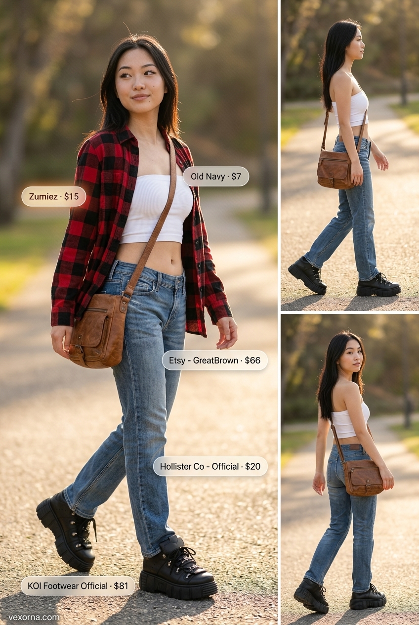 90s nostalgia outfit: White bandeau top, low-rise jeans, plaid shirt for casual day 2026.