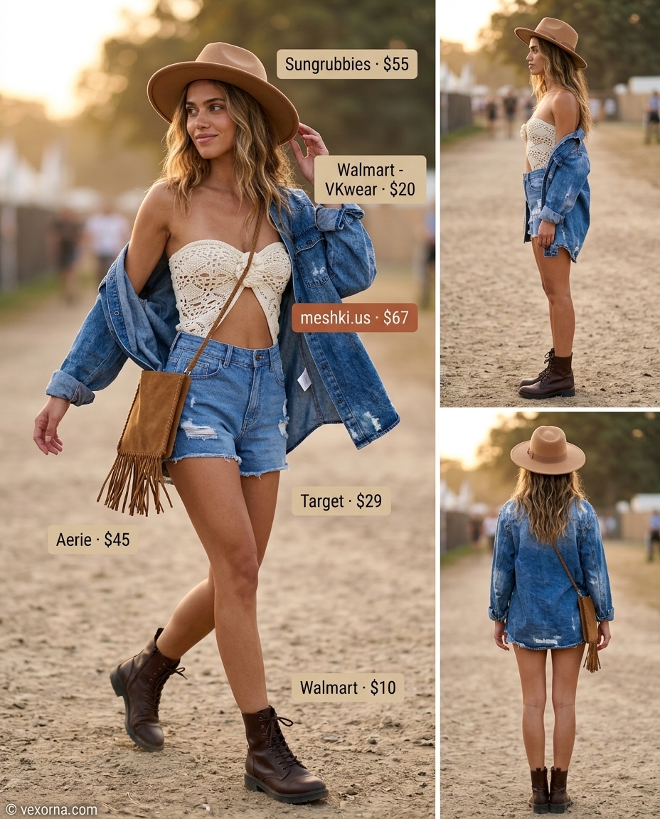 Festival ready outfit: Crochet bandeau top, denim shorts, fringe bag for music festival 2026.