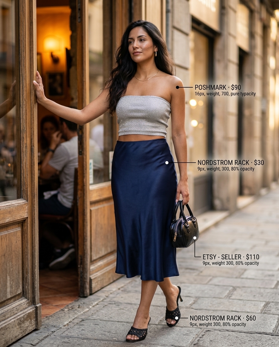 Summer night out outfit: Silver bandeau top, satin skirt, heeled mules for dinner 2026.