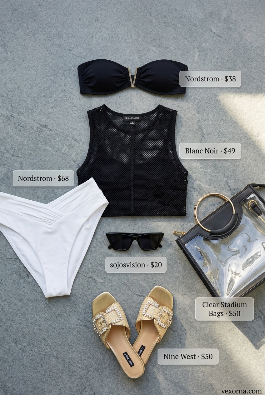 Poolside chic outfit: Black bandeau bikini top, white bikini bottoms, mesh cover-up 2026.
