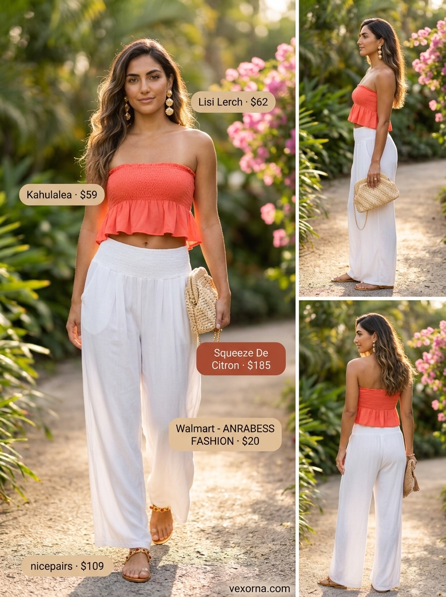 Tropical getaway outfit: Coral bandeau top, white palazzo pants, raffia clutch for vacation dinner 2026.