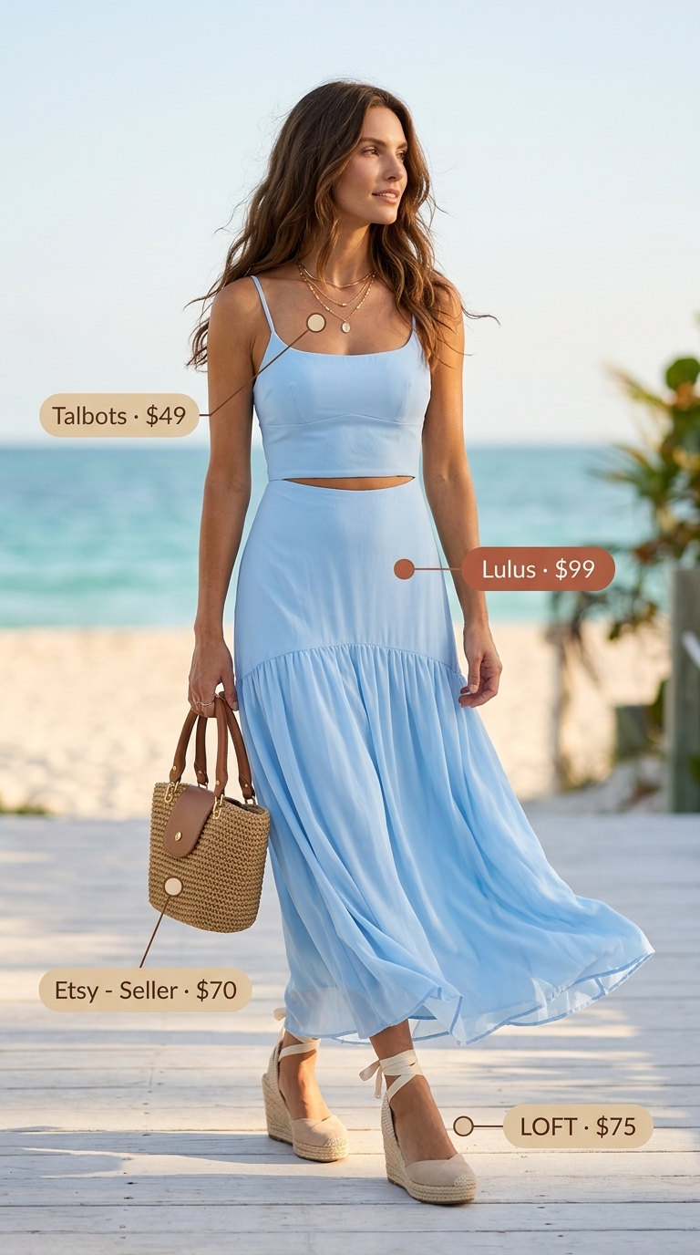 Sky blue maxi dress with gold necklaces and espadrilles for summer beach outfits for women 2026.
