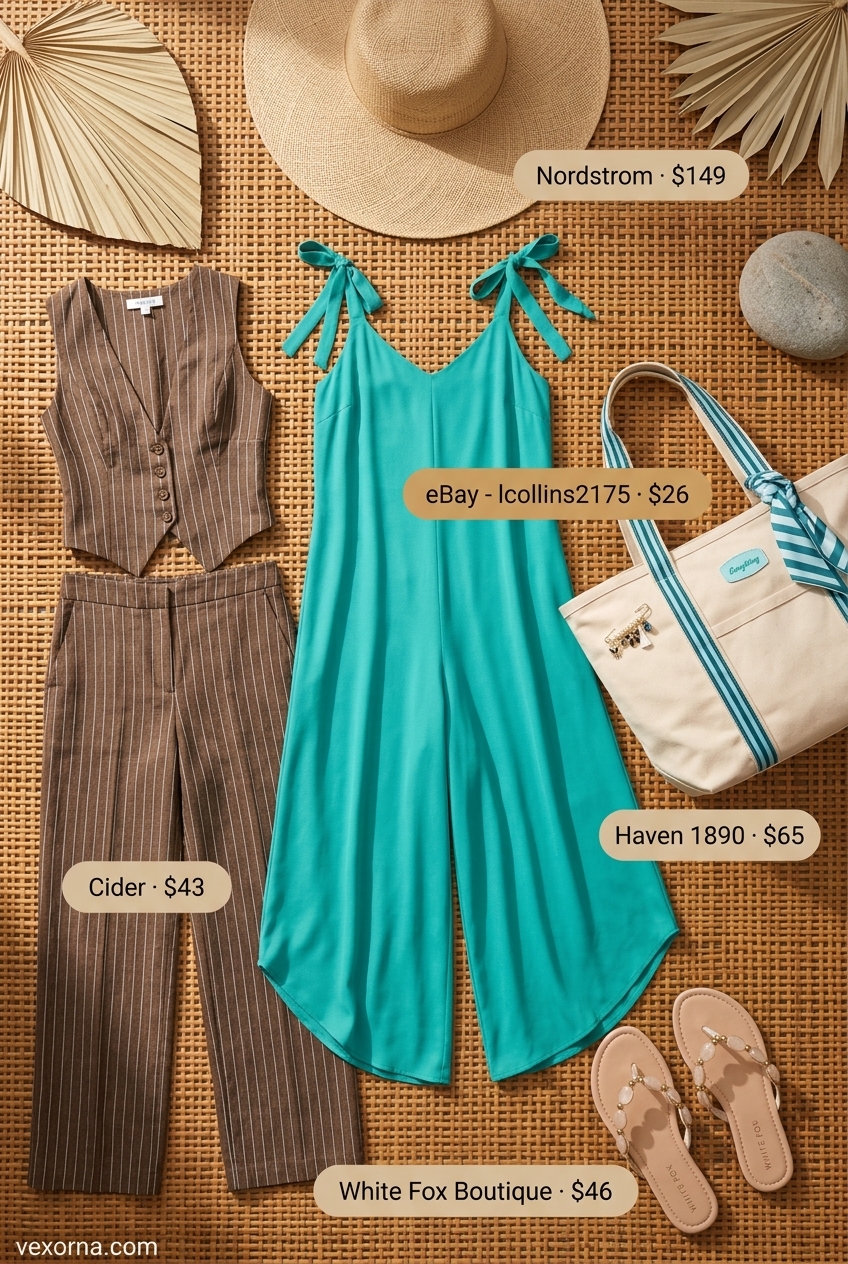 White wide-leg jumpsuit with teal accents and straw hat for summer beach outfits for women 2026.