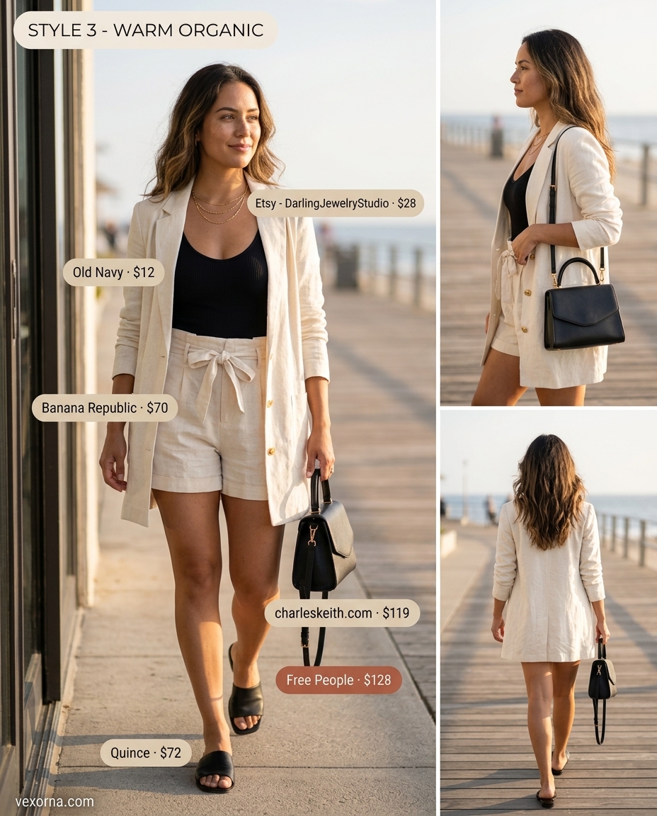 Cream linen shorts with black bodysuit and sandals for summer beach outfits for women 2026.