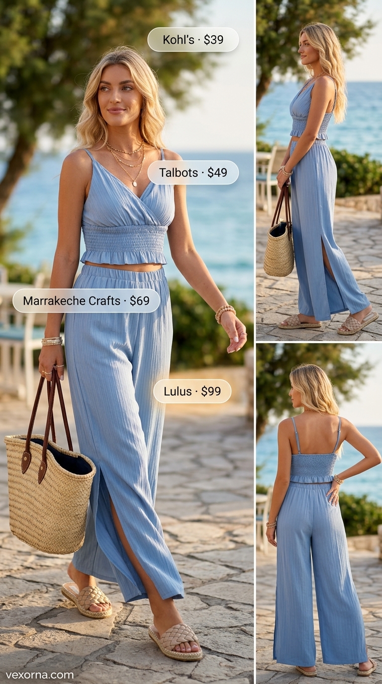 Sky blue maxi dress with straw tote and espadrille slides for summer beach outfits for women 2026.