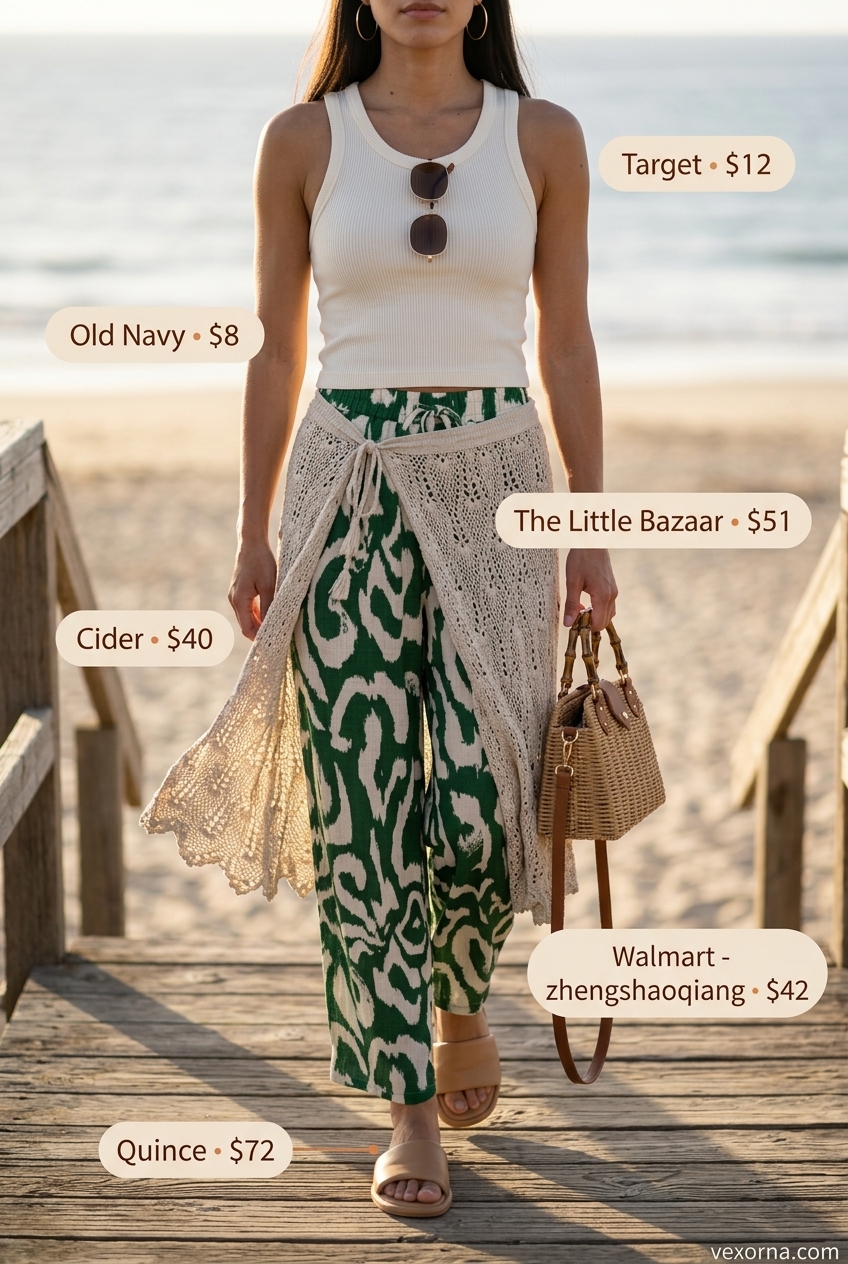 Boho summer beach outfits for women 2026: Cream crochet midi skirt, white tank, straw bag, and leather sandals.