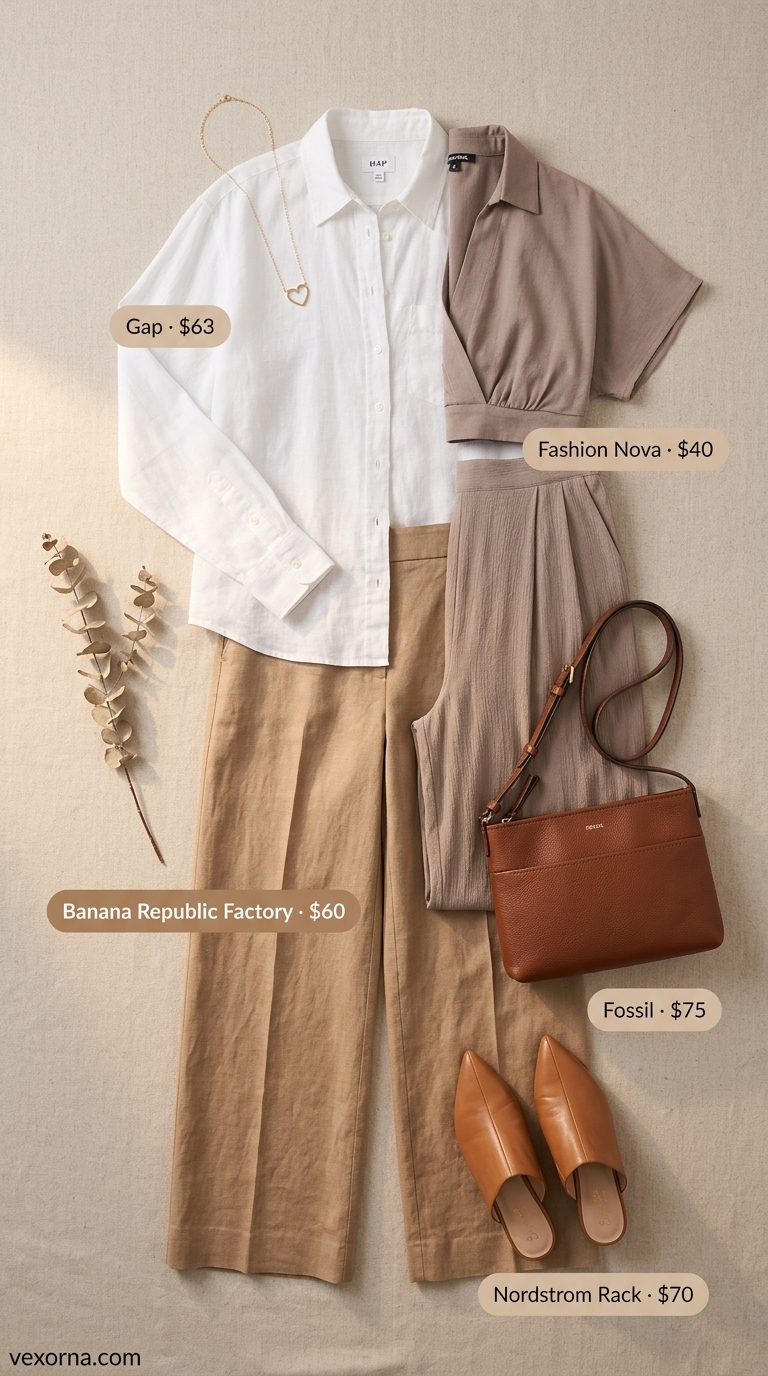 Camel linen pants with white linen shirt and mules for summer beach outfits for women 2026.