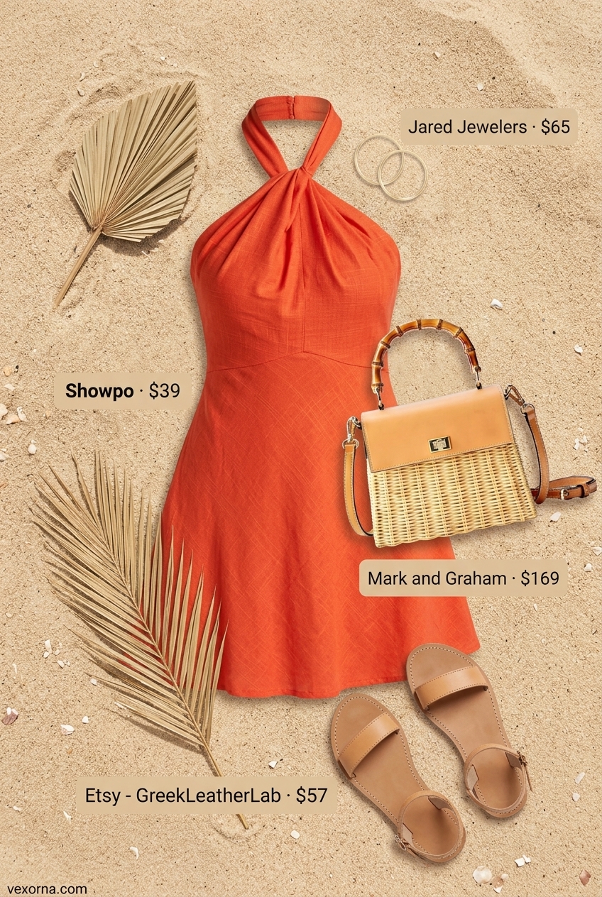 Playful summer beach outfits for women 2026: Sunset orange mini halter dress, tan sandals, straw bag, and gold earrings.
