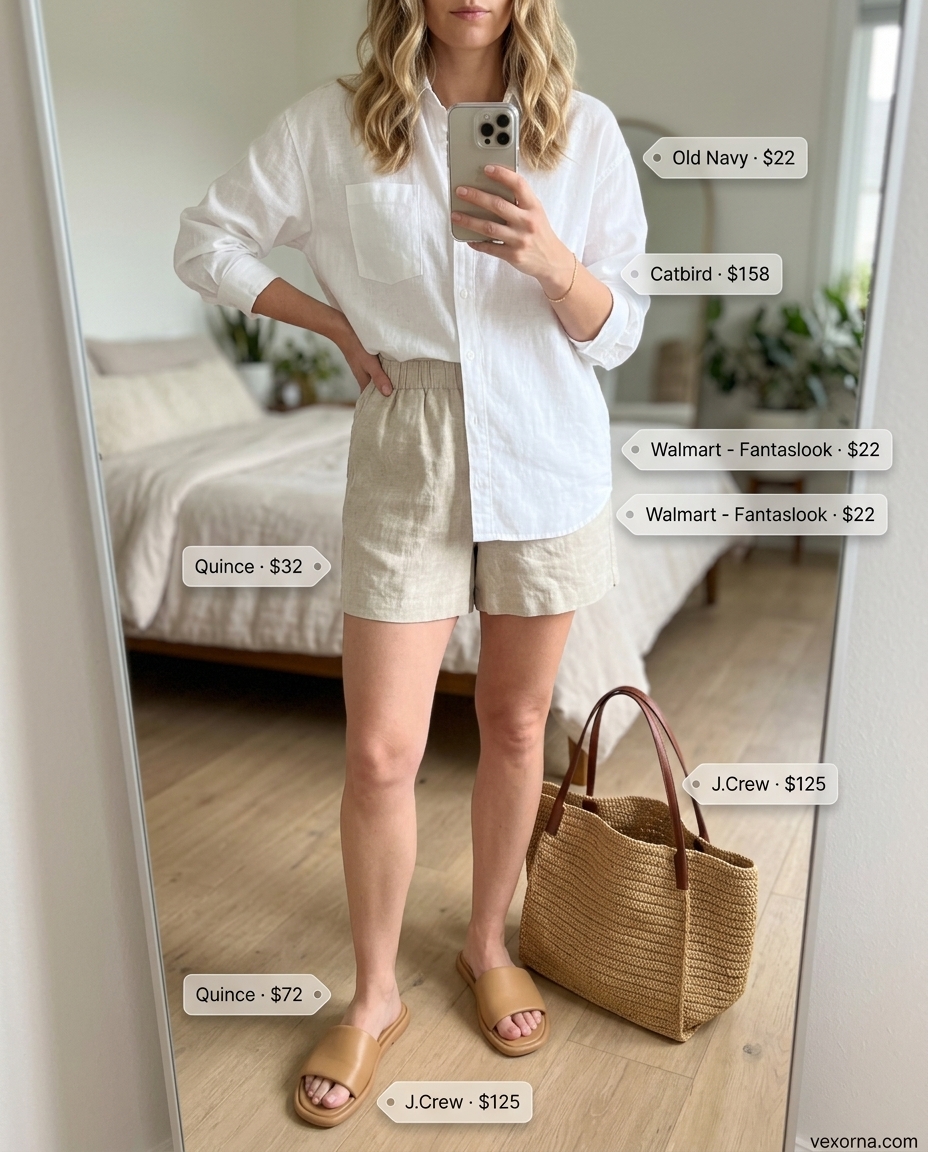 Chic summer beach outfits for women 2026: Beige linen shorts, oversized white linen shirt, straw tote, and leather slides.