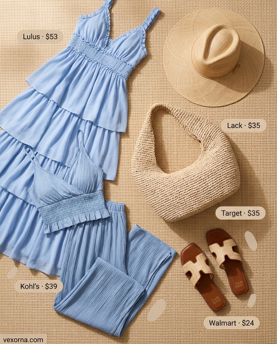 Relaxed summer beach outfits for women 2026: Ocean blue maxi dress, straw tote, straw hat, and raffia sandals.