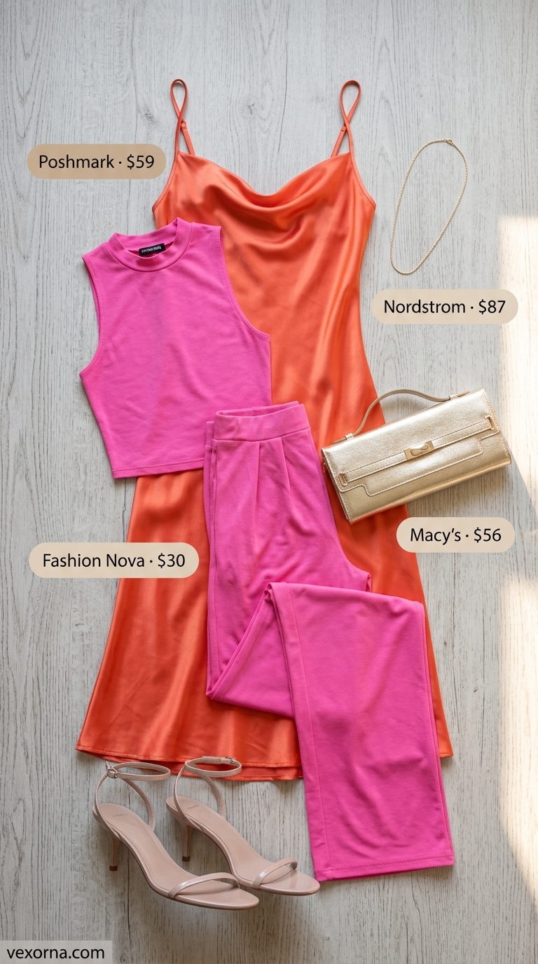 Coral satin slip dress with gold jewelry and strappy heels for summer beach outfits for women 2026.