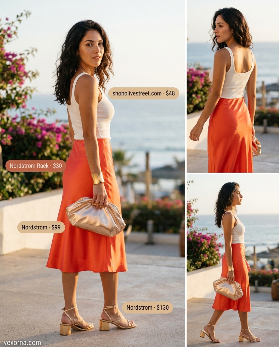 Coral slip skirt with white tank and metallic sandals for summer beach outfits for women 2026.