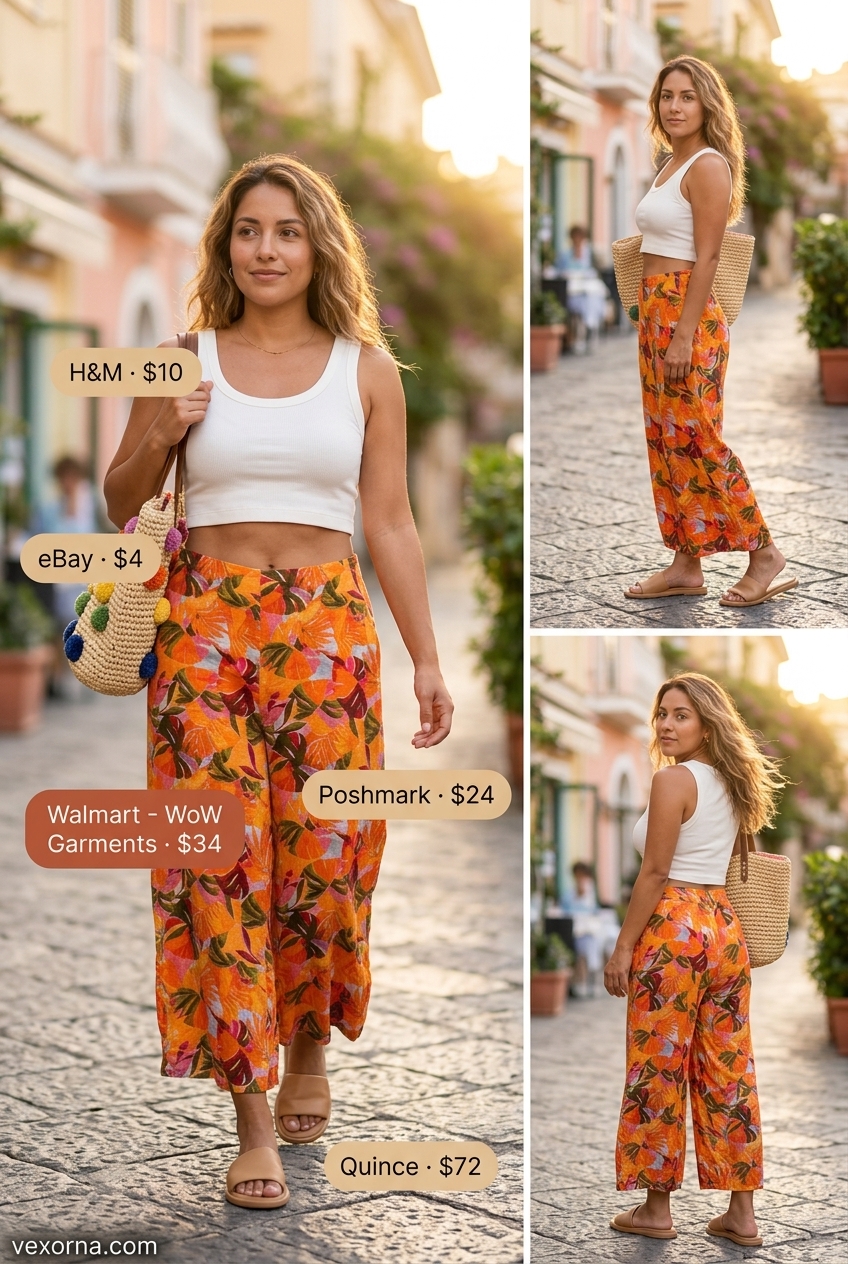 Orange floral wide-leg pants with white tank and straw tote for summer beach outfits for women 2026.