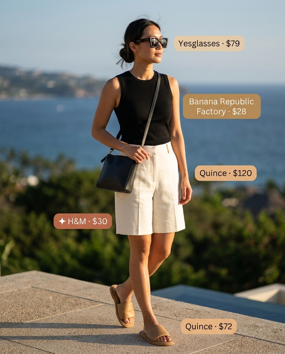 Sophisticated summer beach outfits for women 2026: White linen shorts, black ribbed tank, leather slides, and sunglasses.