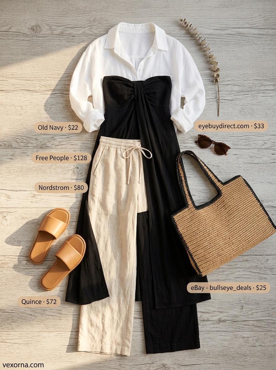 Effortless summer beach outfits for women 2026: Beige linen wide-leg pants, oversized white shirt, straw tote, and slides.