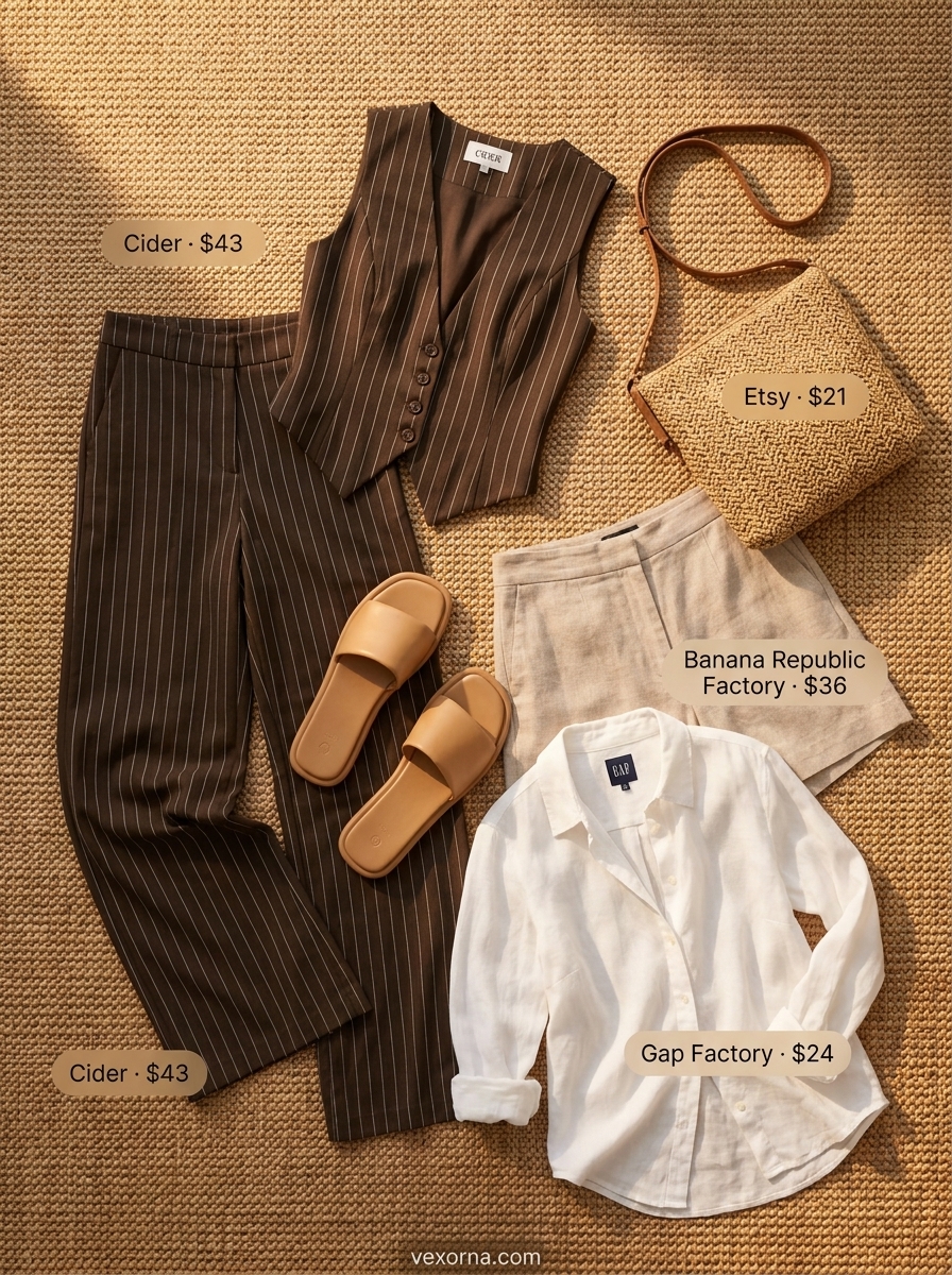 Linen shorts and button-down shirt for summer beach outfits for women 2026.