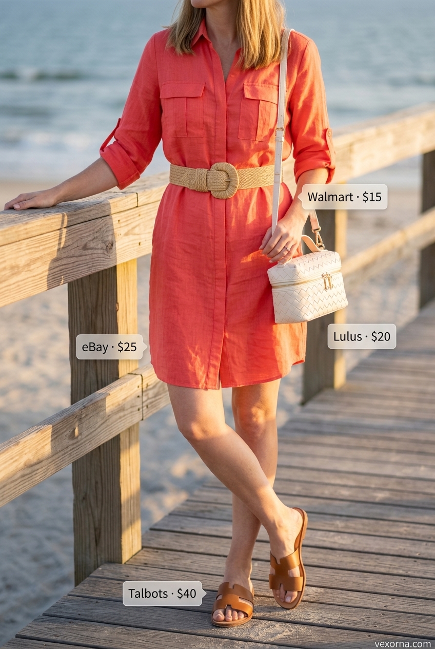 Coral linen shirt dress for summer beach outfits for women 2026.