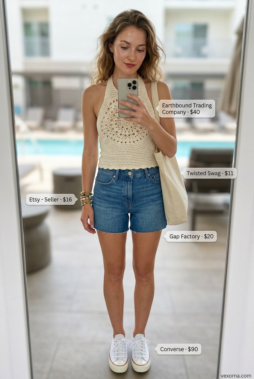 Denim shorts and crochet halter top for summer beach outfits for women 2026.