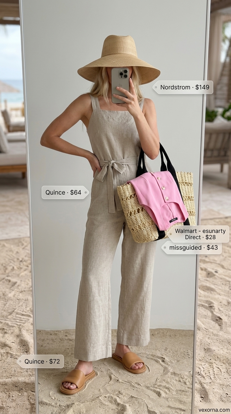 Sandy beige linen jumpsuit for summer beach outfits for women 2026.