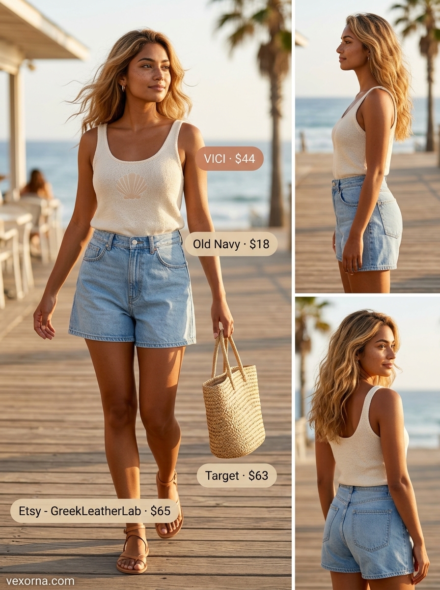 Seashell crochet top, denim shorts, straw tote for summer beach outfits for women 2026.