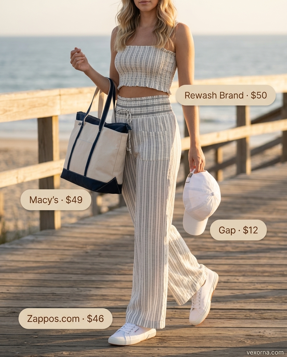 Linen shorts and button-down shirt set for summer beach outfits for women 2026.