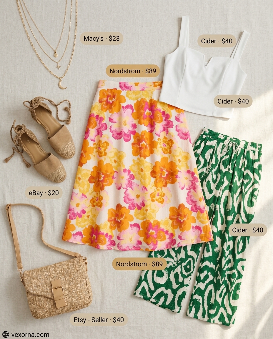 Floral midi skirt and crop top for summer beach outfits for women 2026.