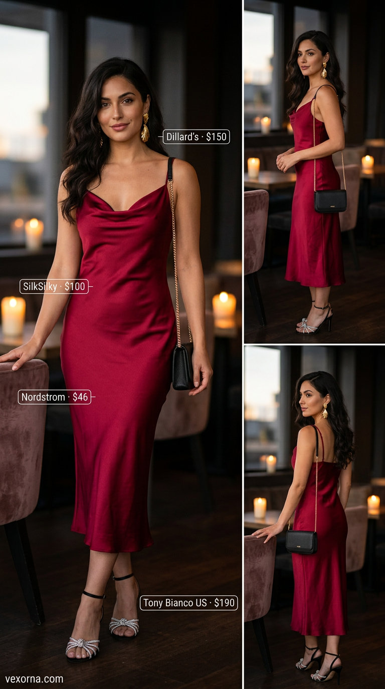 Wine red satin midi slip dress with cowl neck, gold earrings, and black strappy heels for date night.