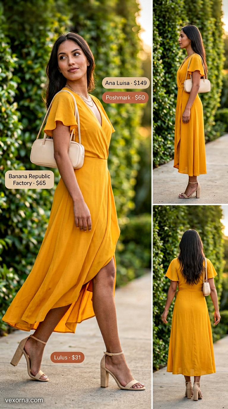 Marigold yellow wrap midi dress with gold necklaces, block heels for a garden party.