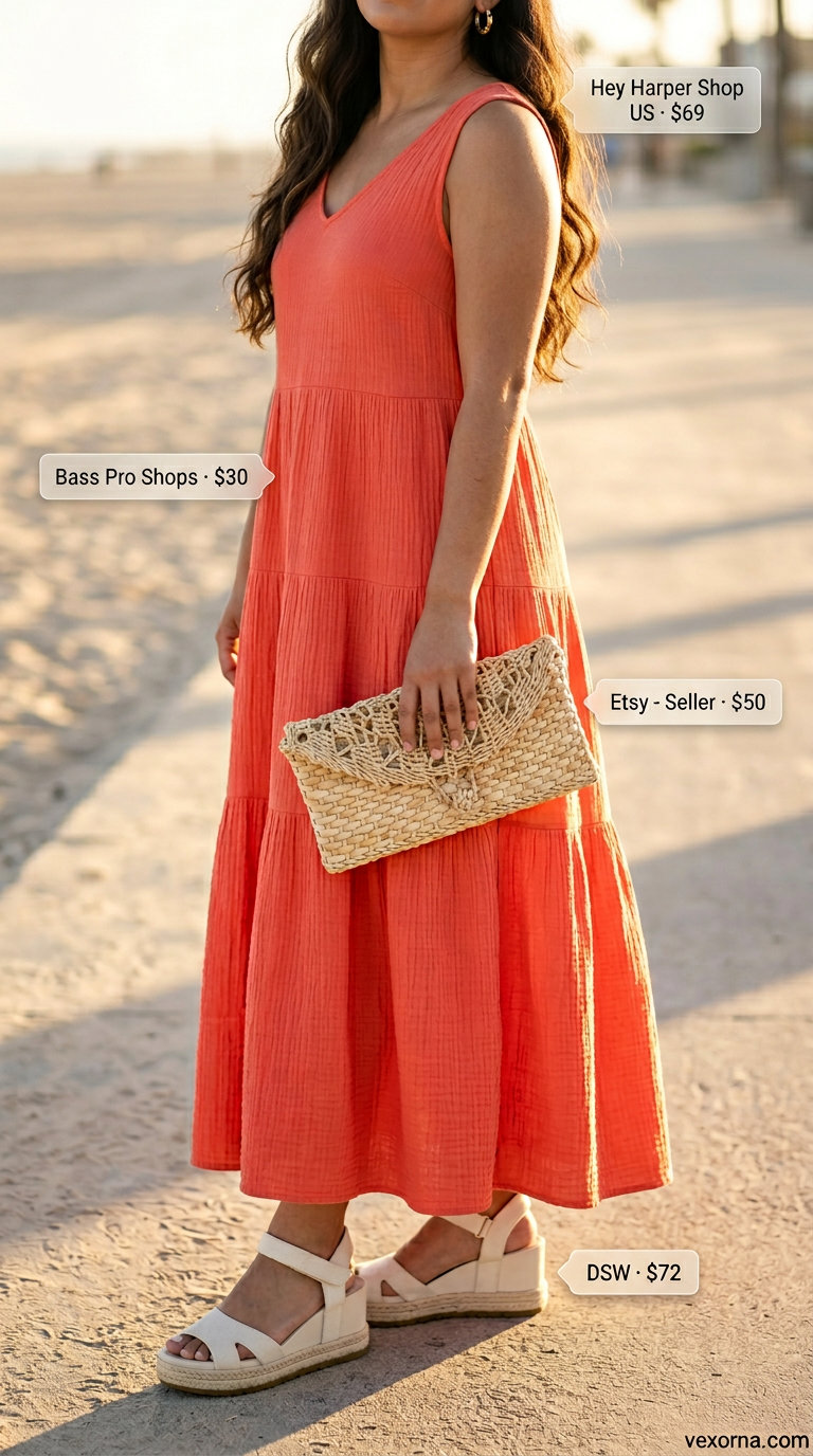 Coral tiered maxi dress with gold hoop earrings and straw clutch for a beachside dinner.