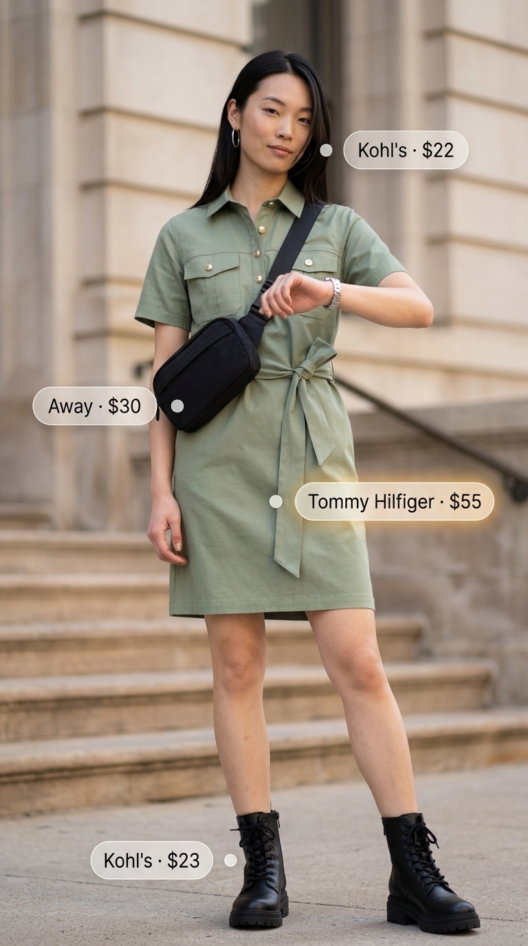 Khaki utility midi dress with black combat boots and belt bag for smart casual weekend wear.