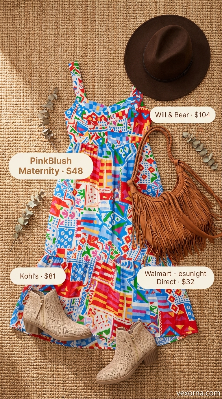 Boho abstract print maxi dress for women 2026, ideal for summer festivals with tan ankle boots and a fringe crossbody bag.