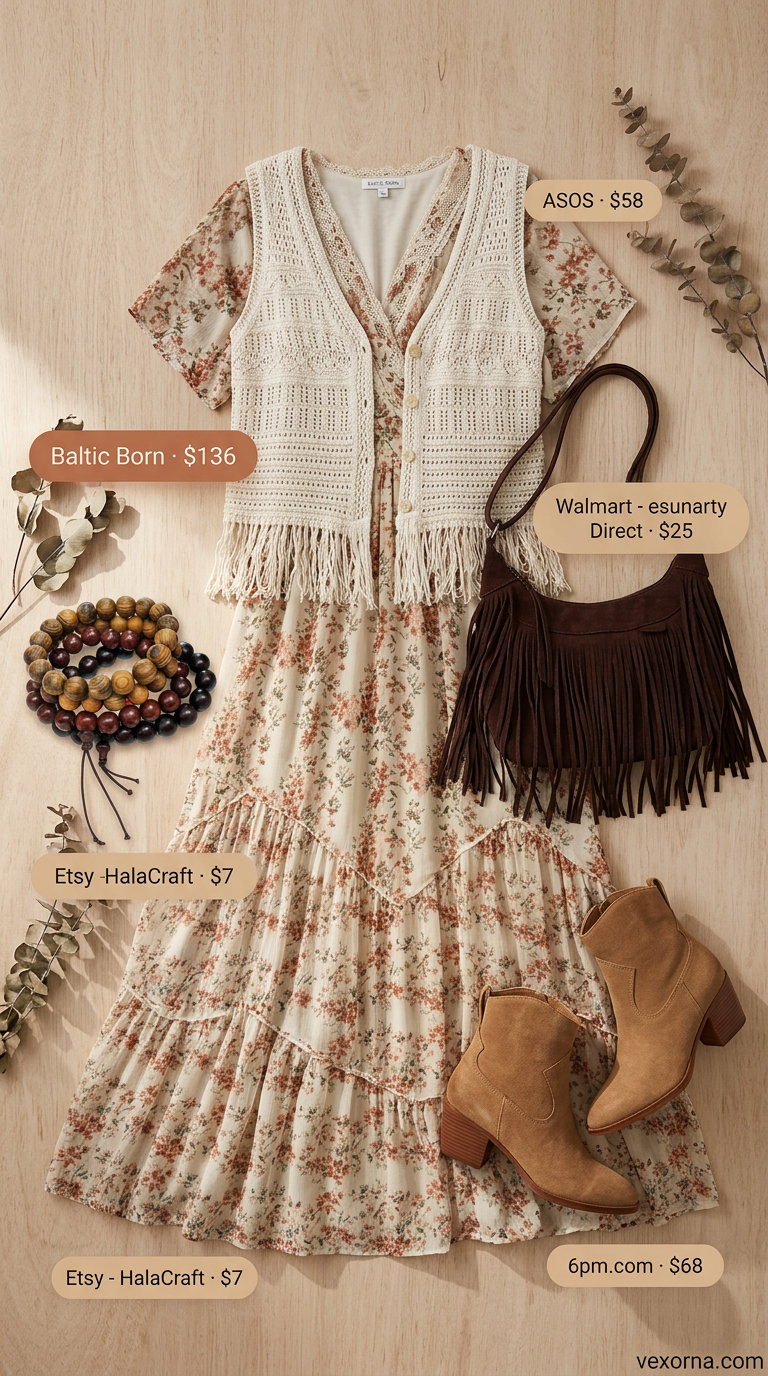 Boho floral maxi dress for women 2026, ideal for summer festivals with suede ankle boots and a fringe crossbody bag.